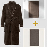 Rinkinys: chalatas, vonios kilimelis, 50x85 cm ir didelis veliūrinis rankšluostis – 90 x 170 cm